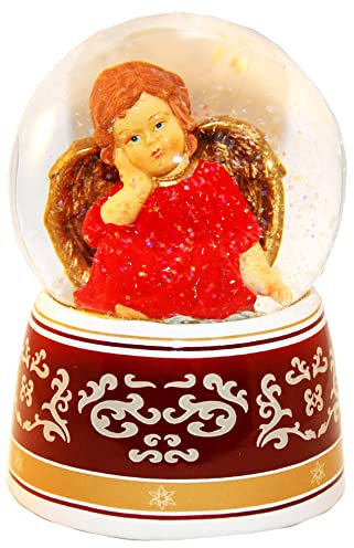 20033 Schneekugel Engel rot mit Flügel Gold mit Spieluhr 140mm hoch - Schüttelkugel