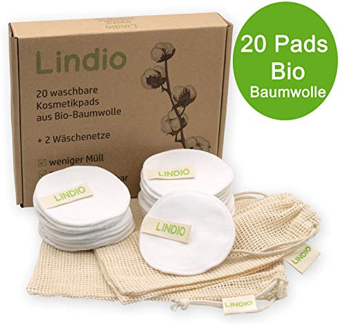 Lindio [20x] waschbare Abschminkpads aus BIO Baumwolle, 2 Wäschenetze, Gesichtsreinigung, Zero Waste
