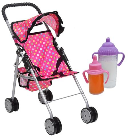 fash n kolor Doll Stroller with Basket - My First Baby Doll Umbrella Stroller - Pink Polka Dot Foldable Doll Pram Baby Doll Accessories Gift Toys for Girls with 2 Free Bonus Bottles