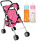fash n kolor Doll Stroller with Basket - My First Baby Doll Umbrella Stroller - Pink Polka Dot Foldable Doll Pram Baby Doll Accessories Gift Toys for Girls with 2 Free Bonus Bottles