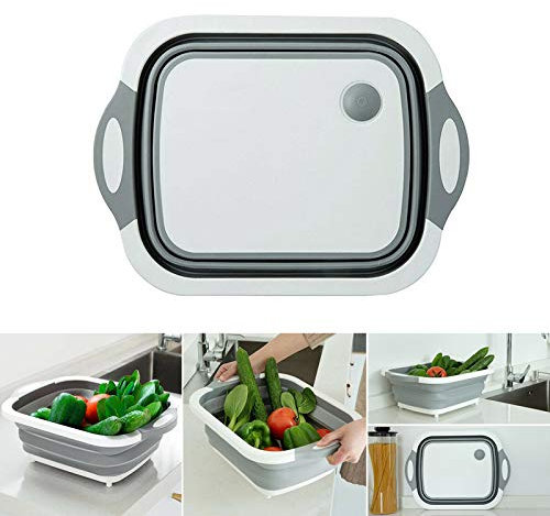 Multifunktionaler faltbarer Abflusskorb, 4-in-1 Multi-Board Schneidebrett Abtropffläche, faltbares Silikon-Sieb, Küchen-Organizer, Obst- und Gemüsekörbe, faltbare Siebe