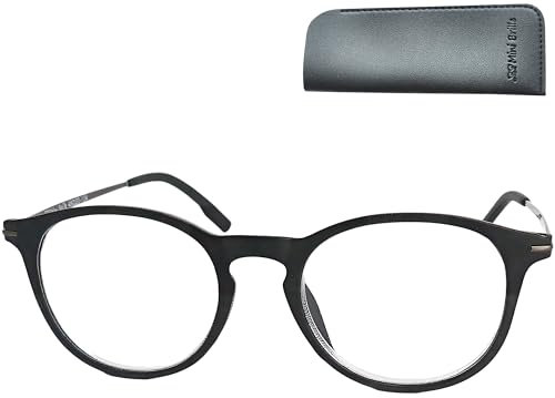 Moderne Nerd Lesebrille mit große Runde Gläsern - mit Gratis Etui, Kunststoff Rahmen (Schwarz) und Metall Bügeln (Graphit), Lesehilfe Damen und Herren +2.0 Dioptrien