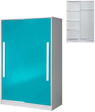 Furniture24 Kleiderschrank GULIVER 12 Schwebeürenschrank Schrank Kinedzimmer Jugendzimmerschrank (Weiß/Türkis Hochglanz)