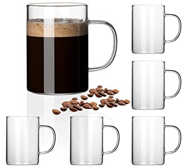 HORLIMER 300ml Coffee Glass Cups Transparent 6 Pack Mug for Cappuccino Latte Tea Milk Juice, 10 oz