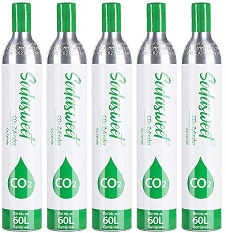 SODASWEET 5 x CO2 Zylinder, Neu & Erstbefüllt in Deutschland, Kohlensäure Zylinder Soda Zylinder 425g Kohlensäure für ca. 60 L Wasser, geeignet für Sodastream Wassersprudler usw, TÜV bis 2031
