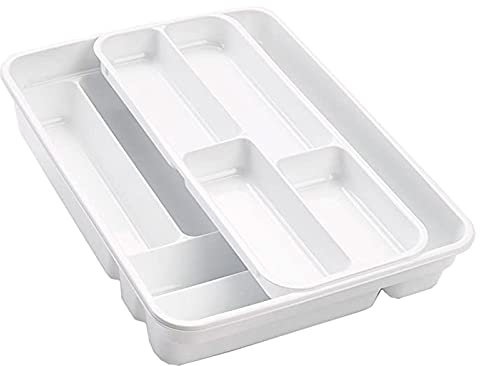 Acan - Cubertero de plástico 40 x 29 x 7,5 cm con 10 compartimentos en 2 niveles. Bandeja de cubiertos, soporte, organizador de utensilios de cocina. Ideal para cajones (Blanco)