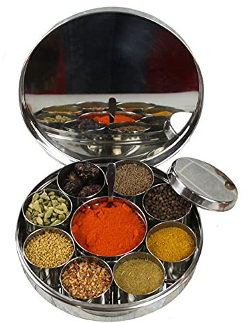 Authentic Indian Spice Tin Stainless Steel Masala Dabba Box Slim Large Curry Cooking Spice Tiffin Tin Box Kitchen Masala Container 9 Compartments Storage Set, 23cm