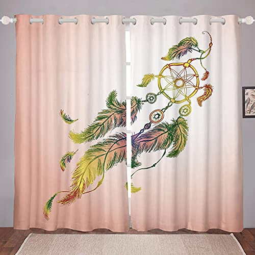 Traumfänger Fenstervorhänge 46 X 54 Goldene Boho-Federvorhänge für Kinder Mädchen Frauen Bohemian Gypsy Mandala Blumenfensterbehandlungen Exotische Stammes-Thermoisolierte Fenstervorhänge