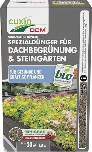 CUXIN DCM Spezialdünger für Dachbegrünung & Steingärten- Mit MINIGRAN® TECHNOLOGY - Für wasserspeichernde Pflanzen - Bio - organisch-mineralischer Dünger - Langzeitdünger - 1,5 kg