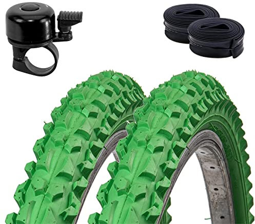 2 x Roverstone 24 Fahrradreifen Fahrradmantel grün 57-507 (24x2,125) + 2 Schläuche AV inkl. Fahrradklingel