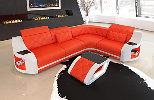 Ecksofa Genua Ledersofa L Form Sofa - mit LED Beleuchtung, verstellbare Kopfstützen/Lederfarben wählbar/Ausrichtung wählbar (Ecke rechts, Orange-Weiß)