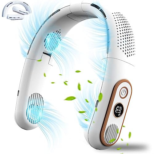 FAYHIJUN Portable Neck Fan Bladeless Rechargeable 5000 mah 3 Speed Personal Wearable Hanging Neck Air conditioner 4 Turbo Motor LED Display Gift for Men Women Indoor Outdoor (White-upgrade foldable)