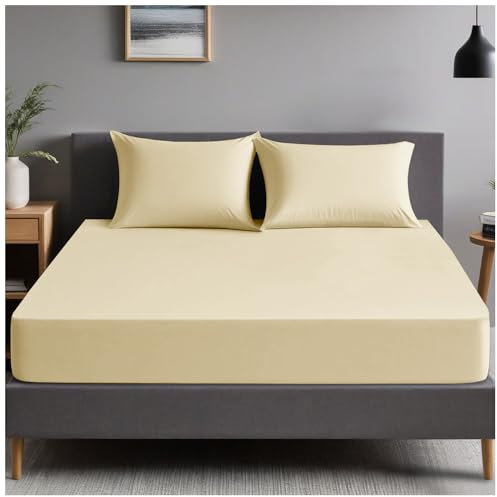 GC GAVENO CAVAILIA | Plain Dyed Bedding Fitted Bedsheets - Soft & Comfy (137 x 193 Cm) Double Bed Sheet - Breathable Non Iron Percale Sheets - Cream | Double