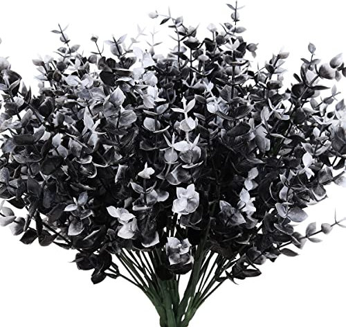 RECUTMS Black Artificial Flowers, Fake Outdoor UV Resistant Plants Faux Plastic Greenery Shrubs Indoor Outside Hanging Planter Halloween Flower Decor (Black +White Eucalyptus)
