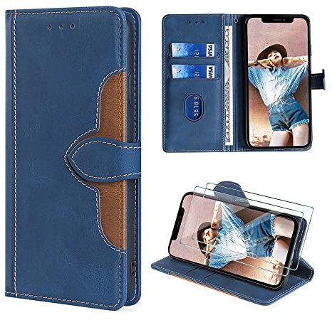 FMPCUON Funda para OPPO Realme C3/Realme C3i,Funda Libro OPPO Realme C3/Realme C3i,Premium Flip Billetera Carcasa de Cuero Phone Protectora Case Cover Caso + Vidrio Templado *2,Azul