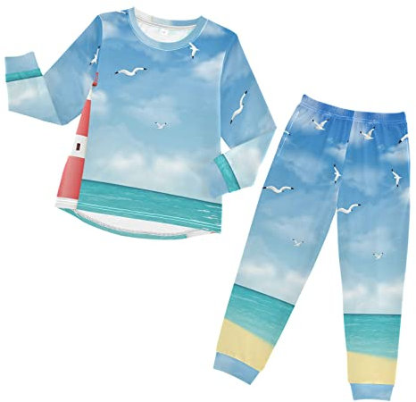 Anantty Kinder Schlafanzug-Set Jahrgang Leuchtturm Ozean Meer Pyjama Woman Set, Lang Nachtwäsche Hausanzug Negligee Sleepwear für Jungen Mädchen