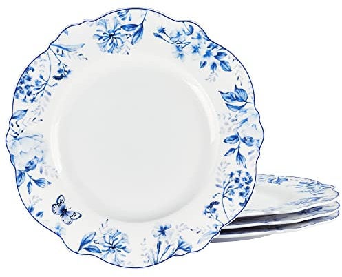fanquare Juego de 4 Platos de Cerámica, Plato Redondo de Porcelana Azul Flor, Vajilla Ø 27 cm Servicio de Platos Apto para Microondas y Lavavajillas
