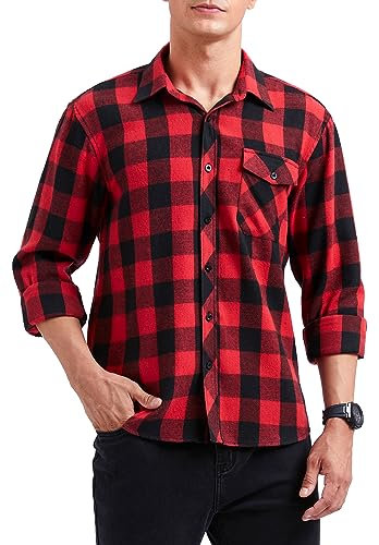 HISDERN Mens Checked Flannel Shirts Long Sleeve Casual Plaid Shirt for Men Lumberjack Shirts Button Down Regular Fit Red L