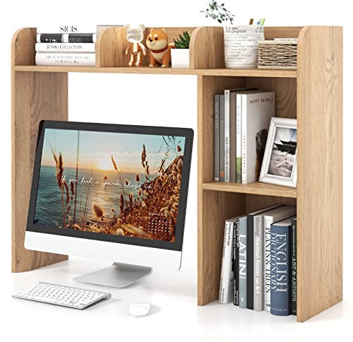 COSTWAY Desktop Bookshelf, Wooden Countertop Bookcase with Shelves and 2 Anti-Tipping Kits, Free Style Multipurpose Desk Storage Organizer Display Shelf Rack for Office Supplies, 94x25x74cm (Natural)