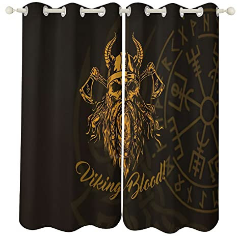 TS TAC-SKY Vikings Gardinen Vintage 3D Druck Odin Mittelalterliches Runenmuster Druck Gardinen Schlafzimmer Spielzimmer Deko Verdunkelungsgardinen 2 Sets (Color : Style 5, Size : 132x213cm)