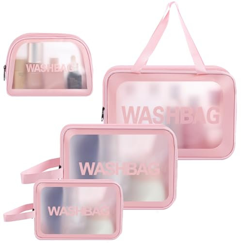 4 Pcs Clear Travel Toiletries Bag for Women, Travel Toiletry Bags Clear Wash Bag for Toiletries, PVC Waterproof Makeup Bag for Women and Girls (Pink)