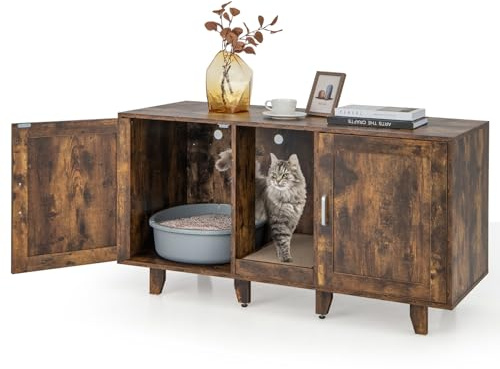 GOPLUS 3-in-1 Cat Cabinet, Cat Litter Tray with 2 Doors, Removable Legs and Removable Scratching Board, Cat Cave Side Table, TV Stand for 2 Cats, 120 x 52 x 65 cm (Vintage)