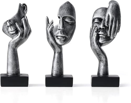 Marimor Statuen und Skulpturen 3er Set Dekofiguren Skulpturen deko modern Statue deko und Skulptur deko und Büste deko für Büro Wohnzimmer Schlafzimmer Regal Deko Skulptur Wohnzimmer (Silber B)