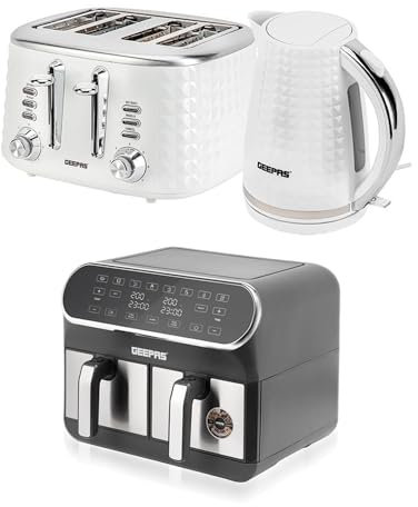 GEEPAS 8L Dual Basket Air Fryer, 1.7L Kettle & 4 Slice Toaster Appliances Set, 2200W Kettle Textured with Design, Wide Slot Toaster Variable Browning Control, Air Fryer with LED Display, White