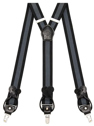 Kohentact Hosenträger Herren mit Clip- und Knopfbefestigung, inklusive 6 Knöpfe, 3,5 cm Breite Y-Form für Körpergrößen bis 200 cm Suspenders for Men 1 (Schwarz-dunkelgrau gestreift)