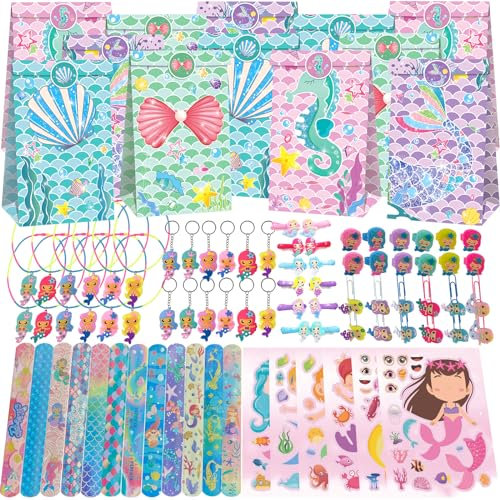 PQKL-party Gadget Sirena, Gadget Sirena Compleanno Bambina, Set Regalo per Feste di Compleanno a Forma di Sirena, Sacchetto Regalo, Portachiavi, Anello, Adesivi, Collane, Clip per Capelli
