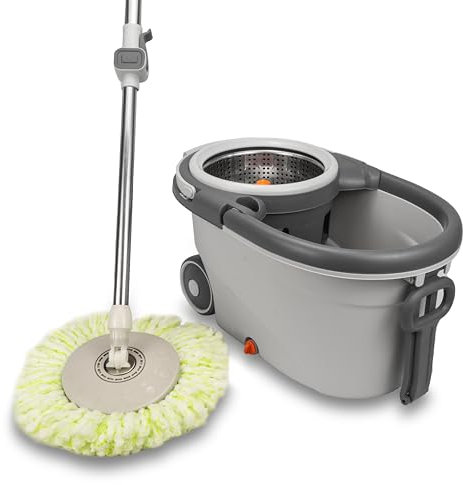 ZANGCO Spin Mop Set with 2 Microfiber Mop Heads and Bucket - 360° Rotating Mop for Efficient Floor Cleaning - Easy Wringing System, Lightweight and Durable (Grey)