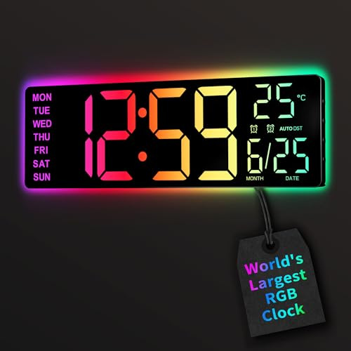EASYERA 16.5 Large Digital Wall Clock with BT Sync, RGB Lights with 11 Scenes Mode Remote Control, Dual Alarms with Big LED Display, Auto DST, Temperature for Classroom Gaming
