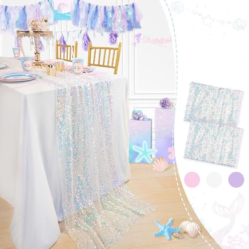 BrillShine Tischläufer weiß 2 Stück 63 x 300 cm Tischläufer Tischband für Meerjungfrau Pailletten Geeignet für Party deko Geburtstag Hochzeiten, Weihnachten Einschulung Deko