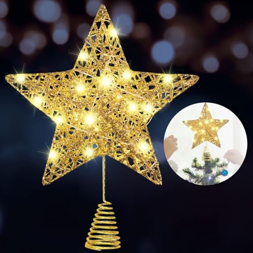 Seasboes Weihnachtsbaumspitzen Stern, ChristbaumspitzeStern Gold, Weihnachtsbaum Topper Star, Goldfarbene Weihnachtsbaum Stern Spitze LED, Glitzernd Weihnachtsdeko LED Weihnachten für Partydekoration