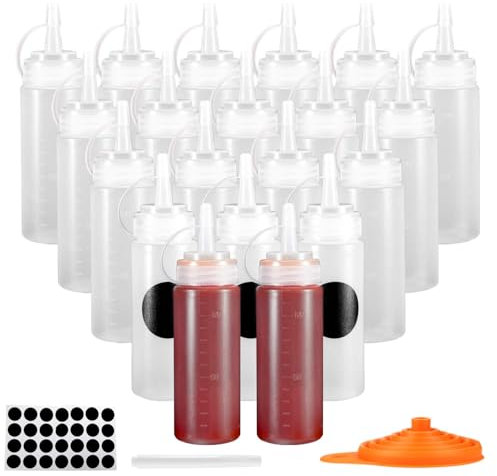 OAMCEG 20 Pack Plastic Squeeze Bottles 4 OZ Condiment Squeeze Squirt Bottles with Discrete Measurements for Ketchup, BBQ, Sauces - Includes Funnel, Erasable Marker and 28 Labels