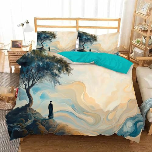 JEDTAKCT Wolken, Große Bäume-Bettwäsche-Set, 100% Microfaser Gebürstete,Bettbezug Und 2 Kissenbezüge, Feng-Shui-Farbe Im Japanischen Stil, Doppelbett Warm Winter Reversibel Bettwäsche