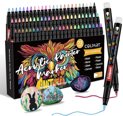 colpart Acrylstifte für Steine wasserfest Extra feine Acrylmalstifte 72 Farben Acrylfarbenstifte für das Malen auf Steinen, Holz, Leinwand, Stein, Glas und Keramikoberflächen.