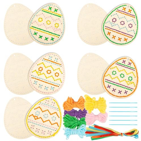 Joxessaien 10 Stück Ostereier zum Basteln, Ostern Kreuzstich Bastelset aus Holz, Osterdeko Selbst Basteln, Ostern Sticksets für Kinder, Ostergeschenke für Kin