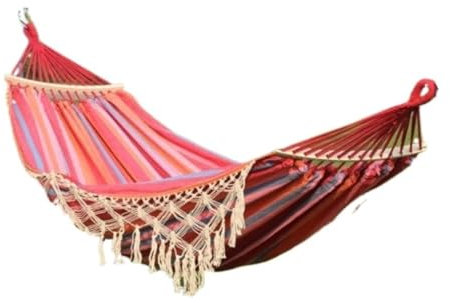 Tragbare Hängematte Outdoor Anti-Rollover Hängematte Mit Holz Sticks Quaste Spitze Homestay Freizeit Outdoor Schaukel Hochzeit Foto Einzelschaukelbett(Pink)