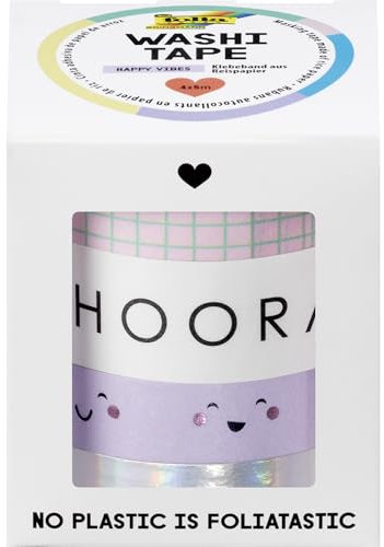 folia 26455 - Washi Tape HAPPY VIBES, 4 x 5 m, Klebeband aus Reispapier, Hotfoil in 4 Designs, zum Basteln, Verzieren und Dekorieren