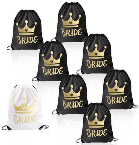 8 Stück Braut Team Bride Turnbeutel,JGA Junggesellenabschied Sporttasche Set,Team Braut Tasche mit Kordelzug Inklusiv 1 Weiß und 7 Turnbeutel Schwarz für Junggesellenabschied Bride Party