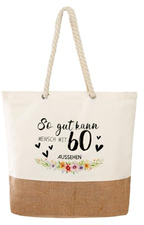 Zidoley 60 Geburtstag Frau Geschenk zum 60.ter Geburtstag Frauen Jutebeutel Einkaufstasche Damen für Mama Oma Geburtstagsgeschenk mit Personalisiertes Lustige Sprüche (60 Jahre)