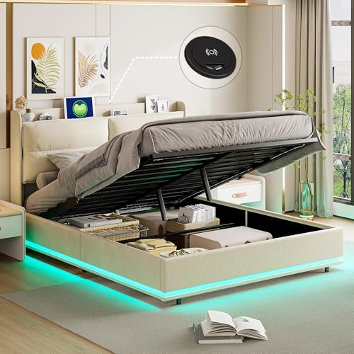 BRILVERDE Polsterbett 140x200 mit Stauraum, Doppelbett mit LED/Kabelloses USB, Stauraumbett, Jugendbett mit kopfteil, Bettgestell mit Lattenrost, Bettrahmen, Samt (Beige, 140 x 200 cm)