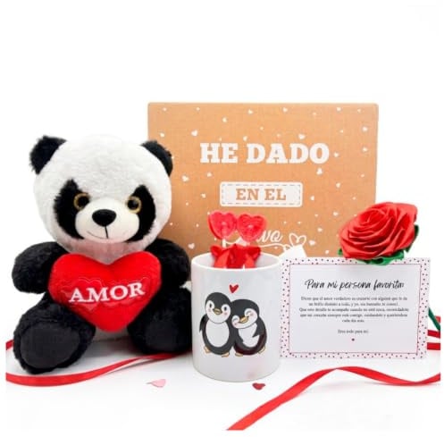 Pack de Peluche Romántico - Taza Pinguinos y más – Regalo Original para Aniversario y San Valentín – Pack Regalo para Novia Ideal para Parejas - Incluye Peluche, Taza, Piruletas y Rosa Eterna