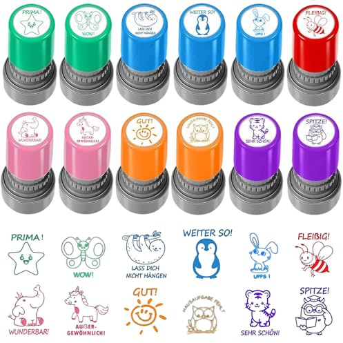 12 Stück Selbstfärbende Lehrer Stempel, Lehrerstempel Belohnung Motivation Briefmarken, Bunte Cartoon Stempel für Kinder Schüler Hausaufgaben Bewertung Lob Siegel