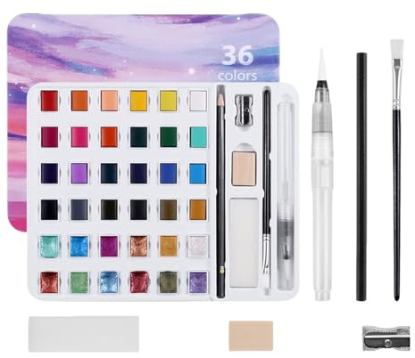 Peinture Aquarelle, 36 Couleurs Trousse Artistique pour Peinture, Kit Avec Pinceau Pinceaux Voyage, Extérieur Voyage Café Projets Artistiques Manucure