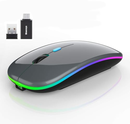 Wowssyo Mouse senza fili, 2,4 GHz, USB wireless, Bluetooth, 1600 DPI, tracciamento ottico, ricaricabile a LED, doppia modalità per laptop, PC, iOS, Android, iPad, Windows, grigio