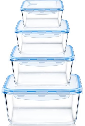 NUTRIUPS Recipientes de vidrio para almacenamiento de alimentos de 0.5/1/2/3.3L con tapas y recipientes de preparación de comidas con tapas herméticas, juego cuadrado de 4 piezas
