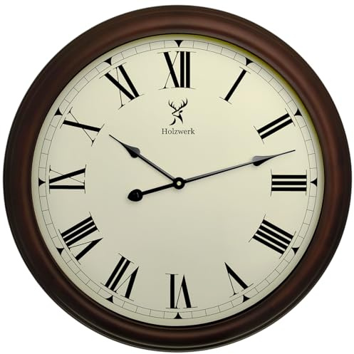 Holzwerk große XL 60 cm Natur Vintage Rustikal Landhaus Retro Holz Wanduhr Holz-Uhr Römischen Ziffern Wand Uhr Glas nahezu lautloses Uhrwerk leise ohne Tickgeräusche Braun (HW.Braun.60 cm)