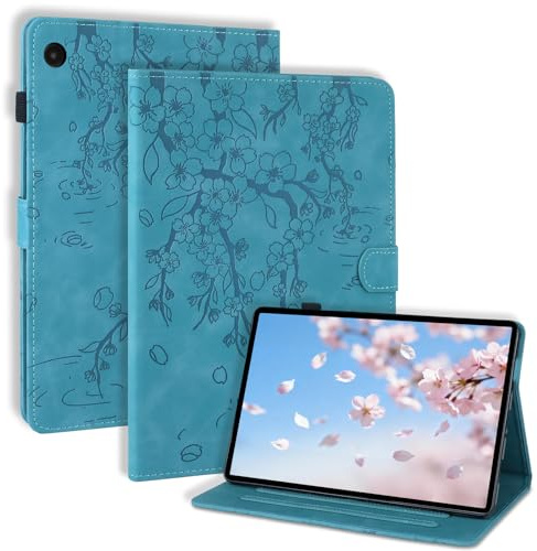 LSPCASA Funda para Samsung Galaxy Tab A8 de 10,5 pulgadas 2022/2021 SM-X200/X205/X207 Folio Flip PU Cuero Funda con Soporte para Lápiz Ranuras Tarjetas Billetera Tableta Cover Ciruelo Flor Azul